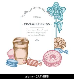 Logo Design mit Pastellfarben Macaron, Bonbons, Pappbecher, Lutscher, Donut, Cookie lieferbar Abbildung: Stock Vektor