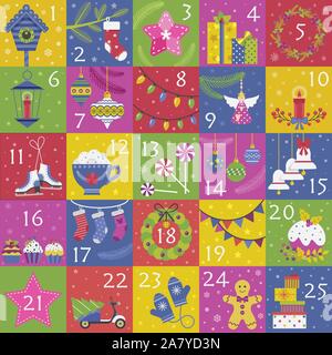 Weihnachten Adventskalender mit Xmas Tag Zahlen Stock Vektor