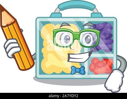 Schüler halten Bleistift Lunch Box mit dem Maskottchen isoliert Stock Vektor