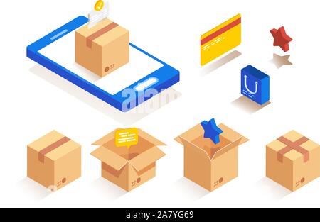 Isometrische Papier der Verpackung Kartons für die Verpackung von Waren. Paketversand Stufen einstellen. Stock Vektor