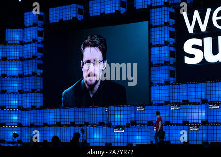 November 04, 2019. Lissabon, Portugal. Die Freiheit der Presse Stiftung, Edward Snowden in Web-Gipfel 2019 © Alexandre de Sousa/Alamy leben Nachrichten Stockfoto