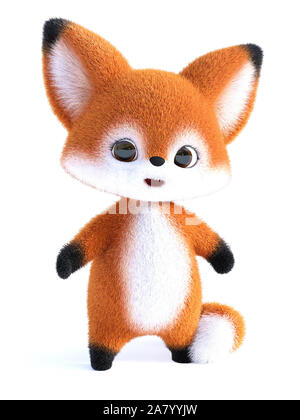 3D-Rendering von einem entzückenden happy Furry cartoon Fox stehen und süß. Weißer Hintergrund. Stockfoto