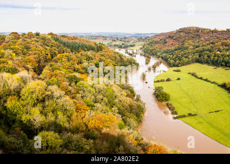 Der Fluss Wye in der Flut unter Coppett Hill am 28.10.2019 von Symonds Yat Rock, Herefordshire UK gesehen - die Überschwemmung wurde aufgrund der starken Regen in Wales. Stockfoto