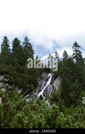 Kleiner Wasserfall in den Bergen umgeben von Bäumen Stockfoto