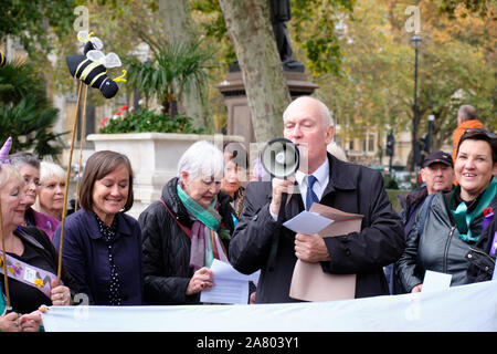 Westminster, London, Großbritannien. 5. November 2019. Chris Ruane Arbeit Kandidat für das Tal von Clwyd bei Waspi (Frauen gegen staatliche Rente Ungerechtigkeit) Kundgebung vor dem Parlament heute. Lokale Frauen verbunden von Waliser Arbeit Kontingent zu, dass die Armut der Frauen in den 50er Jahren geboren in Wahlprogramm der Labour Partei enthalten ist. . Quelle: JF Pelletier/Alamy leben Nachrichten Stockfoto