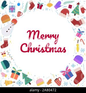 Frohe Weihnachten und Neues Jahr Karte Rahmen mit traditionellen Objekt - Schneemann, Geschenkboxen, Handschuh und Mütze, Baum, Socke mit Ornament. Einladung für Stock Vektor