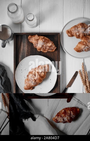 Mandel Croissant mit Pudding Auffüllen auf Holz Hintergrund. Stockfoto
