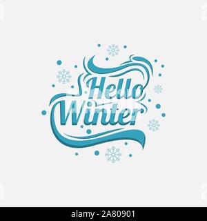 Hallo Winter. Vector Illustration mit hand-Schriftzug. Moderne Brush Stift Kalligraphie und Hand gezeichnet Schneeflocke mit leuchtend blaue Textur auf Pfingstmontag isoliert Stock Vektor