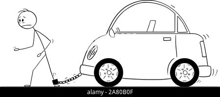 Vektor cartoon Strichmännchen Zeichnen konzeptionelle Darstellung der Mann angekettet von eisernen Kette an seinem Auto. Konzept der Auto oder Fahrzeug kosten. Stock Vektor