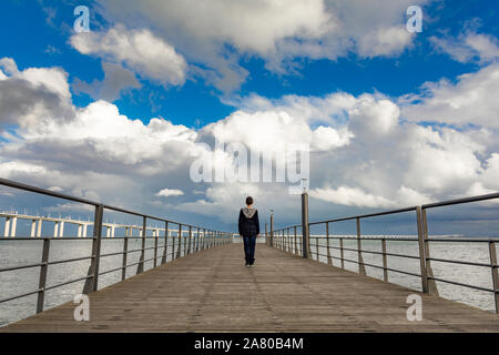 Zu Fuß weg und Vasco da Gama Brücke über den Fluss Tagus Park der Nation, Lissabon, Portugal Stockfoto