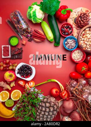 Gesundheit essen Auswahl für Kälte und Grippe Remedy mit Lebensmittel, die einen hohen Gehalt an Antioxidantien, Vitamine. Immunsystem stärken mit natürlichen Produkten Stockfoto