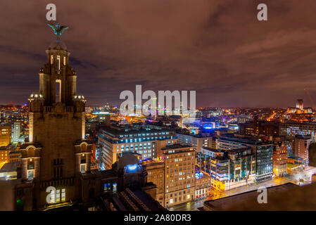 Liverpool und Liverbird Gebäude bei Nacht. Stockfoto