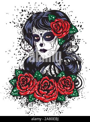 Vintage Sugar Skull Mädchen mit Rosen für Tag der Toten (Dia de los Muertos). Stock Vektor