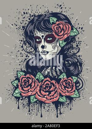 Vintage Sugar Skull Mädchen mit Rosen für Tag der Toten (Dia de los Muertos). Stock Vektor