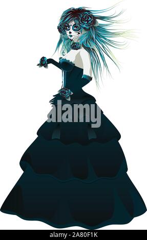 Vintage Sugar Skull Mädchen mit Rosen für Tag der Toten (Dia de los Muertos). Stock Vektor