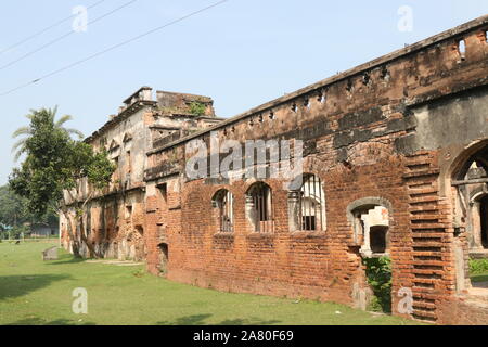 Geschichte von Bangladesch erklärte, dass viele alte Gebäude in diesem Land gemacht hatte. Teota Palace, Teota, Manikgan, Dhaka, Bangladesch ist einer von ihnen. Seerose ist die nationale Blume der Banglades. Stockfoto