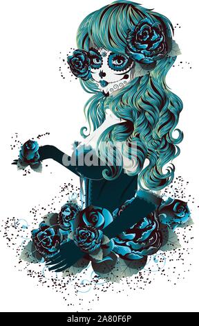 Vintage Sugar Skull Mädchen mit Rosen für Tag der Toten (Dia de los Muertos). Stock Vektor
