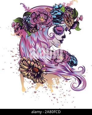 Tag der Toten Abbildung mit Sugar Skull girl in dekorativen Blumenkranz. Stock Vektor