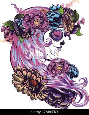 Tag der Toten Abbildung mit Sugar Skull girl in dekorativen Blumenkranz. Stock Vektor