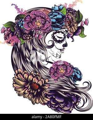Tag der Toten Abbildung mit Sugar Skull girl in dekorativen Blumenkranz. Stock Vektor