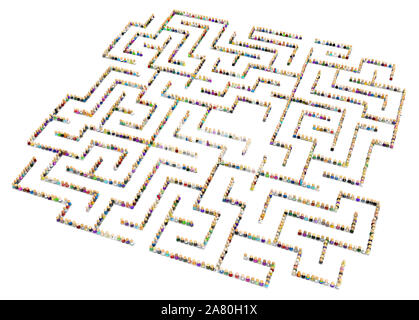 Masse von kleinen symbolischen Figuren bilden Labyrinth Form, 3D-Darstellung, horizontal, isoliert, über Weiß Stockfoto