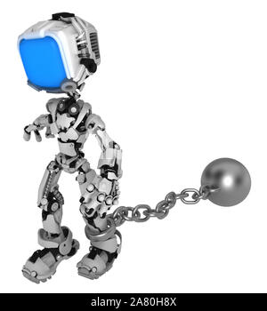 Bildschirm Roboter Abbildung Figur pose mit Kugel und Kette, 3D-Darstellung, horizontal, isoliert Stockfoto
