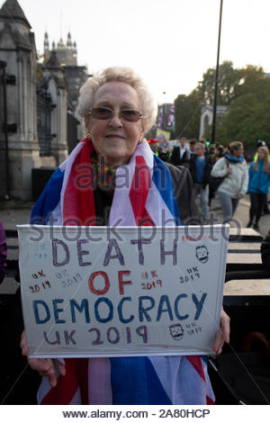 Ein Urlaub bedeutet verlassen. März fand in Westminster am 31. Oktober aus Protest gegen den Ausfall Brexit zu liefern. Es gab eine starke Polizeipräsenz an die Protest- und Verhaftungen vorgenommen wurden. Maureen scharf war ihr Punkt über den Protest zu erhalten. Stockfoto