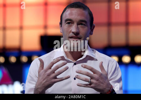 Lissabon, Portugal. 5 Nov, 2019. Calibra (Facebook) VP von Produkt Kevin Weil spricht während der jährlichen Web Gipfel Technologie Konferenz in Lissabon, Portugal am 5. November 2019. Credit: Pedro Fiuza/ZUMA Draht/Alamy leben Nachrichten Stockfoto