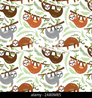Die nahtlose Vektor Hintergrund mit Faultiere, Äste und Blätter Stock Vektor