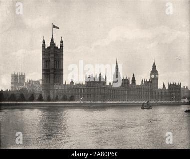 Von "Der beschreibende Album von London" von George H Birke 1896 - extrahierten Text: "Häuser des Parlaments oder den richtigen Titel zu geben, den Palast von Westminster. Das alte Schloss, sind Teile, die so weit zurück wie die Zeit von Edward Beichtvater, und enthielt in ihren Mauern mehrere wunderschöne Appartements, wie Westminster Hall, glücklich, die noch überlebten, St. Stephen's Kapelle, die Krypta, von denen nur bleibt, die klöster noch intakt, und einige andere große Hallen, wie der Weiße Saal oder einem Gericht Anfragen, das Alte Rathaus oder das House of Lords, die gemalte Kammer, Kammer, des Prinzen und t Stockfoto