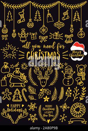 Gold Weihnachten doodles für Karten, Banner, der vektor design Elemente einstellen Stock Vektor