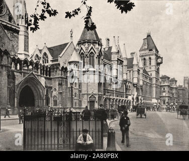 Von "Der beschreibende Album von London" von George H Birke 1896 - extrahierten Text: "Die Royal Courts of Justice. - Der alte Gerichte in Westminster die klein und unbequem, aber bewundernswert von Sir John Soane, R.A., dieser Block von Gebäuden an Kosten errichtet wurde, einschließlich der Website, der von der Ausführungen von Herrn G.E. Straße geplant und hat einen Strand Fassade von 500 Fuß. Die große zentrale Halle ist ungefähr 238 Fuß lang, 48 Fuß breit und 80 Fuß hoch. Es war am 4. Dezember 1882 eröffnete, von Königin Victoria. Es gibt über 1.000 Zimmer in allen, einschließlich 19 Hof Zimmer. Die wichtigsten Eingang ist der Große Stockfoto