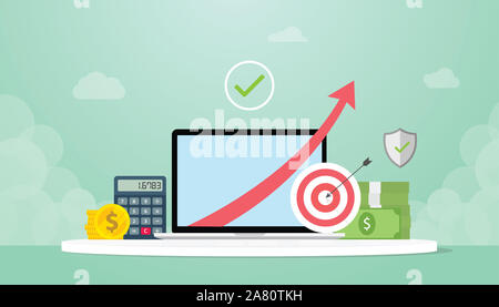 Einkommen steigen mit zunehmender Pfeil nach oben mit Zielen und Taschenrechner und gold coin cash Geld-Vector Illustration Stockfoto