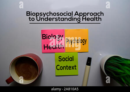 Biopsychosoziale Ansatz zum Verständnis der Methode Text mit Keywords auf dem Whiteboard Hintergrund isoliert. Diagramm oder Mechanismus Konzept. Stockfoto