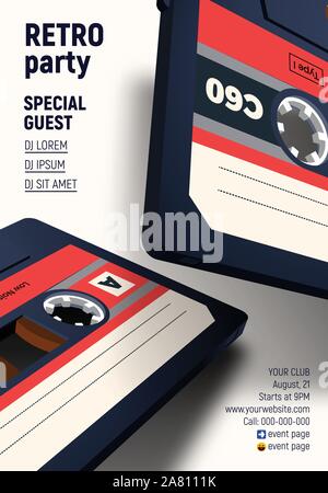 Compact Cassette Plakat mit Retro 80s Party Einladung gestaltet Stock Vektor