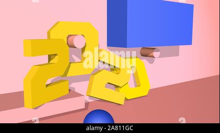 3D-Vektor 2020 Neue Jahre mit rosa Formen auf dem abstrakten Hintergrund und gelb Anzahl Zeichen Typografie Stock Vektor