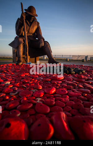 Sun Rise an der Tommy Statue am Morgen des Tag der Erinnerung im Seaham Grafschaft Durham. Ein Service der Erinnerung wird an der Statue gehalten, um die gefallenen Soldaten zu erinnern. am Mittwoch, den 11. November 2015, County Durham, England. Eine Hommage an die vor der Erinnerung Tag Gefallen am Freitag durch die Erinnern, Sie Fonds eines riesigen Mohn, mit Kieselsteinen vom Strand erstellt, rot lackiert und legte am Fuß der 1101 (aka Tommy) Statue, ein neun-und-ein-halb Fuß Skulptur eines müden Soldaten durch Ray Lonsdale. Sun Rise an der Tommy Statue am Morgen des Tag der Erinnerung im Seaham Grafschaft Durham. Ein Service Stockfoto