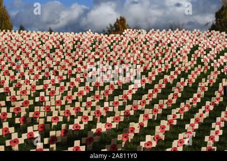 Abgebildete Kriegsveteranen und Mitglieder der öffentlichkeit nehmen an der Trauerfeier am National Memorial Arboretum, Alrewas, Staffordshire, am Sonntag, den 11. November 2018, Armistice Day wie 100 Jahre seit dem Ende des ersten Weltkriegs gedenken. Als die Nation erkennt Service und Opfer der britischen Streitkräfte mit zwei Minuten Stille, Sonntag, den 11. November 2018. Stockfoto