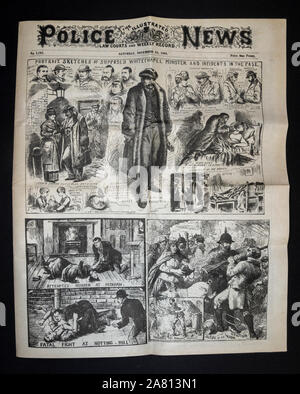 Jack the Ripper ära Zeitung (Nachbau): Illustrierte Polizei News (24.11.1888) Titelseite Übersicht portrait Skizzen von Verdächtigen. Stockfoto