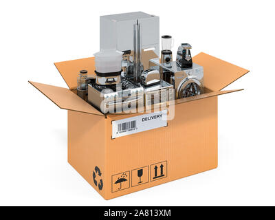 Haushalts- und Küchengeräte im Karton, Lieferung Konzept. 3D-Rendering auf weißem Hintergrund Stockfoto
