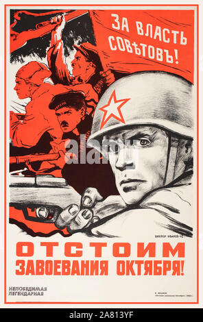 Sowjetisch, PROPAGANDA Poster WW2 1940s, russisch, Poster, Kunst, Propaganda, 1942, „Wir werden die Errungenschaften des Oktober verteidigen! „. Viktor Ivanov. Sowjetische WW2 Plakate Zurück in der UdSSR Sozialistischer Realismus Historische Kunst Kommunistische Propaganda Kunst Bolschewistische Revolution Weltkrieg 2 militärische Kunstwerke Poster Stockfoto