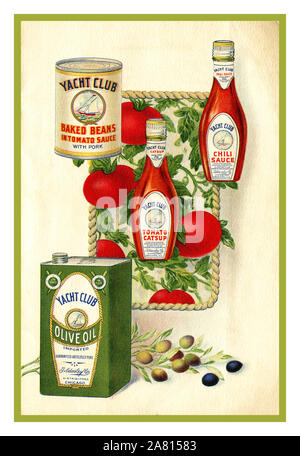 Jahrgang 1900 USA Yacht Club Lebensmittel aus dem Yacht Club Handbuch der Salate, 1914. Gebackene Bohnen Chili Sauce Tomatensoße Olivenöl Yacht Club Marke Luxus American Vintage Produkte Amerika USA Stockfoto