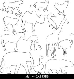Silhouette Elefant bear eagle Trab Ente zebra Papagei auf einem weißen Hintergrund. Stock Vektor