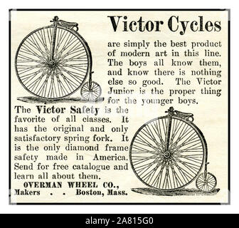 Vintage Bicycle USA 1800 Werbung für Fahrräder viktorianischen Ära amerikanischer Victor Zyklen 'Penny Farthing", die von der Overman Wheel Co. wurden diese Presse ad wird aus der Mai 1887 Ausgabe von Harper's neue monatliche Zeitschrift Boston Mass. Amerika USA Stockfoto