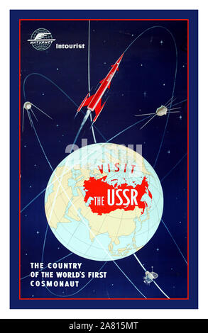 Jahrgang 1960 des sowjetischen russischen Space Race Intourist Raumfahrt Poster mit Boctok-1 Rakete und lädt Touristen zu kommen, der UDSSR, der Heimat der ersten Kosmonauten der Welt (c. besuchen 1960). Stockfoto