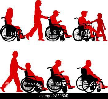 Silhouetten in einem Rollstuhl, auf einem weißen Hintergrund deaktiviert. Stock Vektor