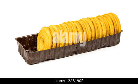 Butter Cookies in einer Box auf weißem Hintergrund mit Freistellungspfad isoliert Stockfoto