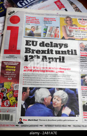 "EU-verzögerungen Brexit bis zum 12. April" ich Zeitung Startseite Schlagzeile am 22. März 2019 in London, England, Großbritannien Stockfoto