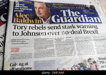 "Tory Rebellen senden deutliche Warnung zu Johnson über nicht-deal Brexit 'Front Page Guardian Zeitung Schlagzeilen am 18. Juli 2019 London England Großbritannien Stockfoto