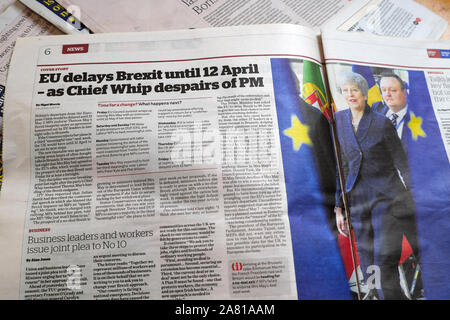 "EU-verzögerungen Brexit bis 12. April - als Chief Whip verzweifelt von PM "Ich Zeitung Startseite Schlagzeile am 22. März 2019 in London, England, Großbritannien Stockfoto